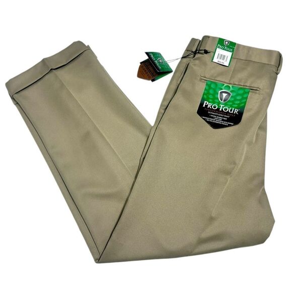 NWT 38x29 Pro Tour Men’s Golf Pants Pleated Khaki Moisture Wicking UV Protection - Picture 2 of 9